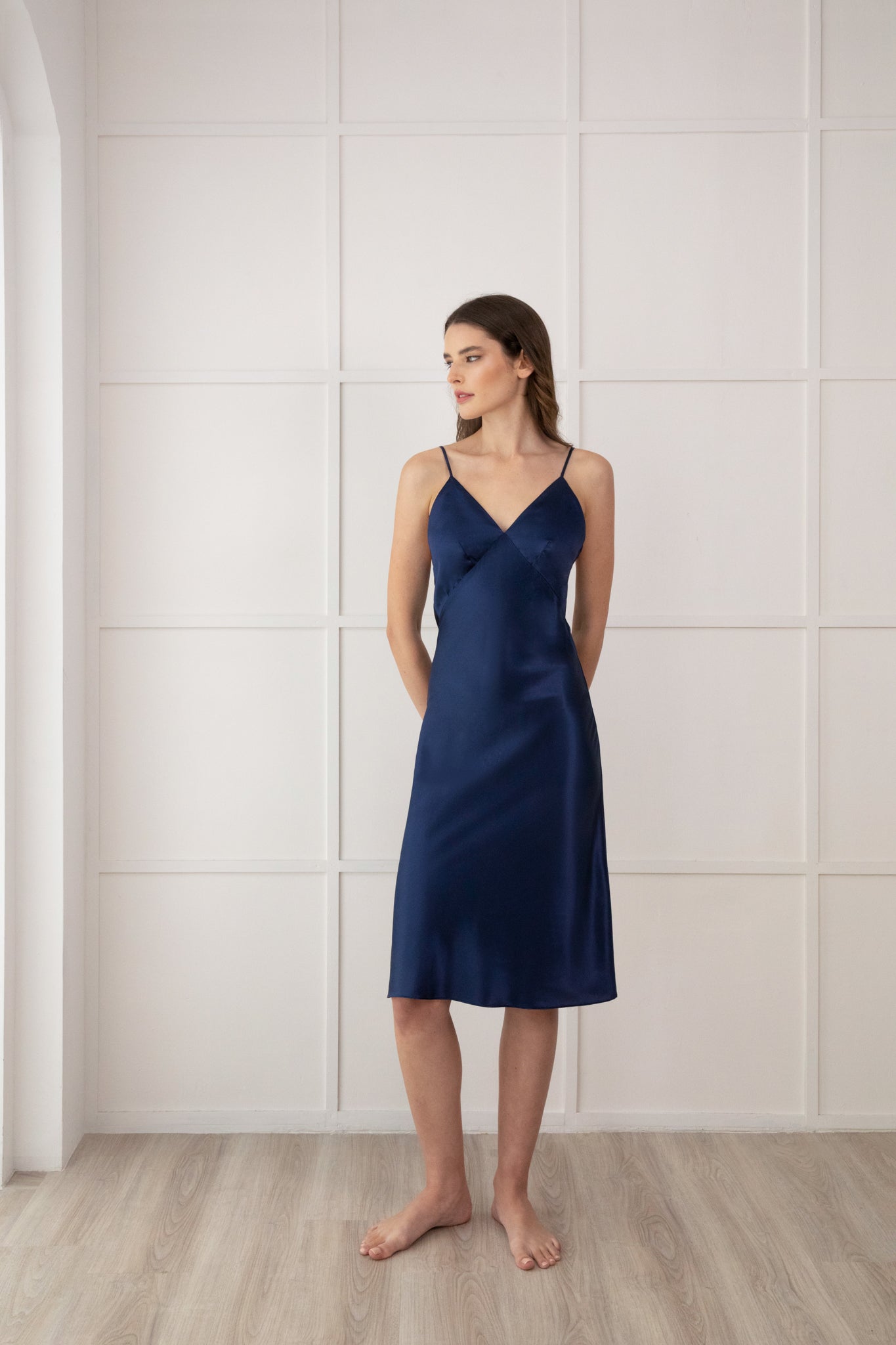 Silk V-Neck Midi Slip Dress - Navy