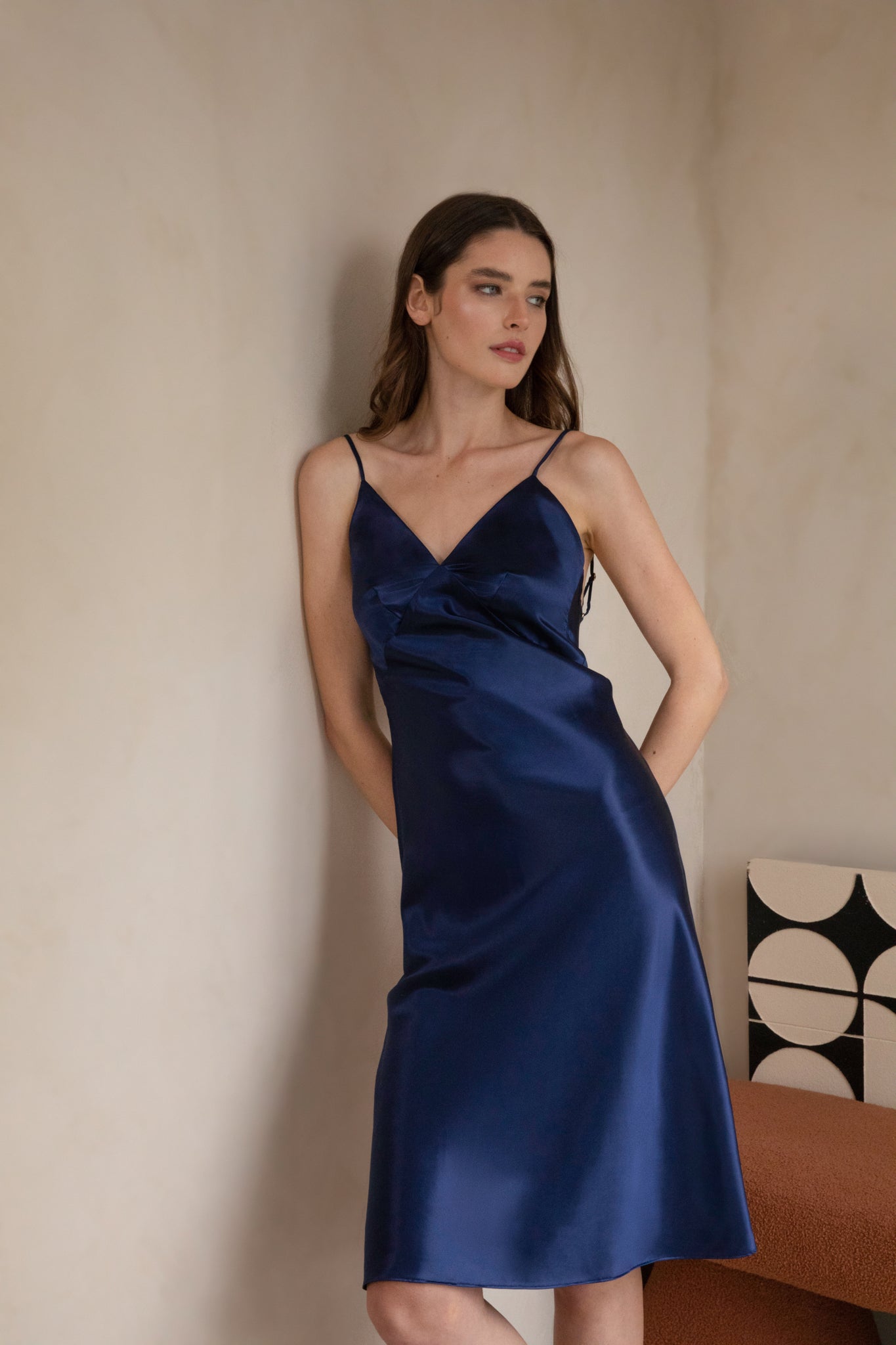Silk V-Neck Midi Slip Dress - Navy