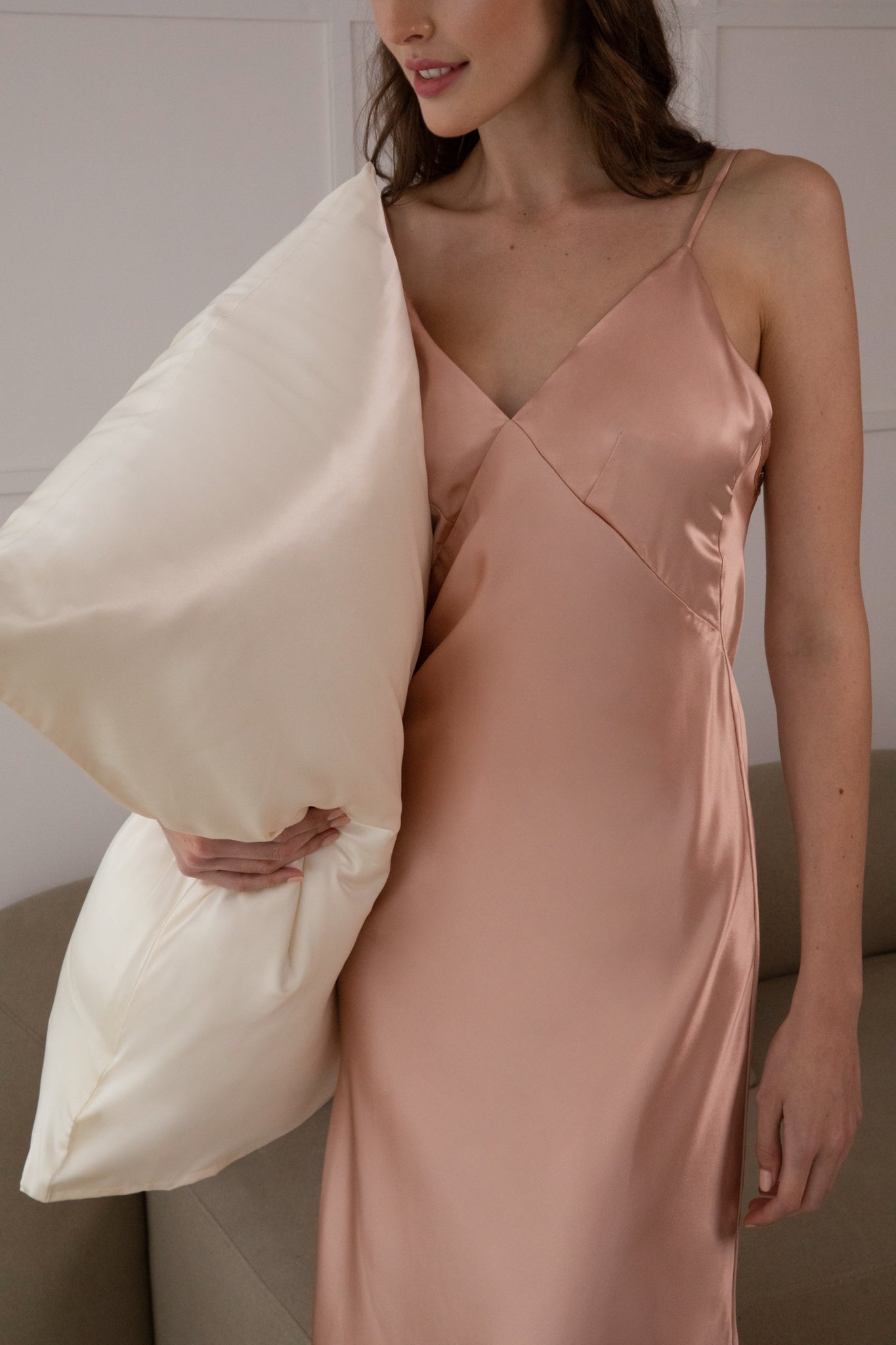 Silk V-Neck Midi Slip Dress - Rose Gold