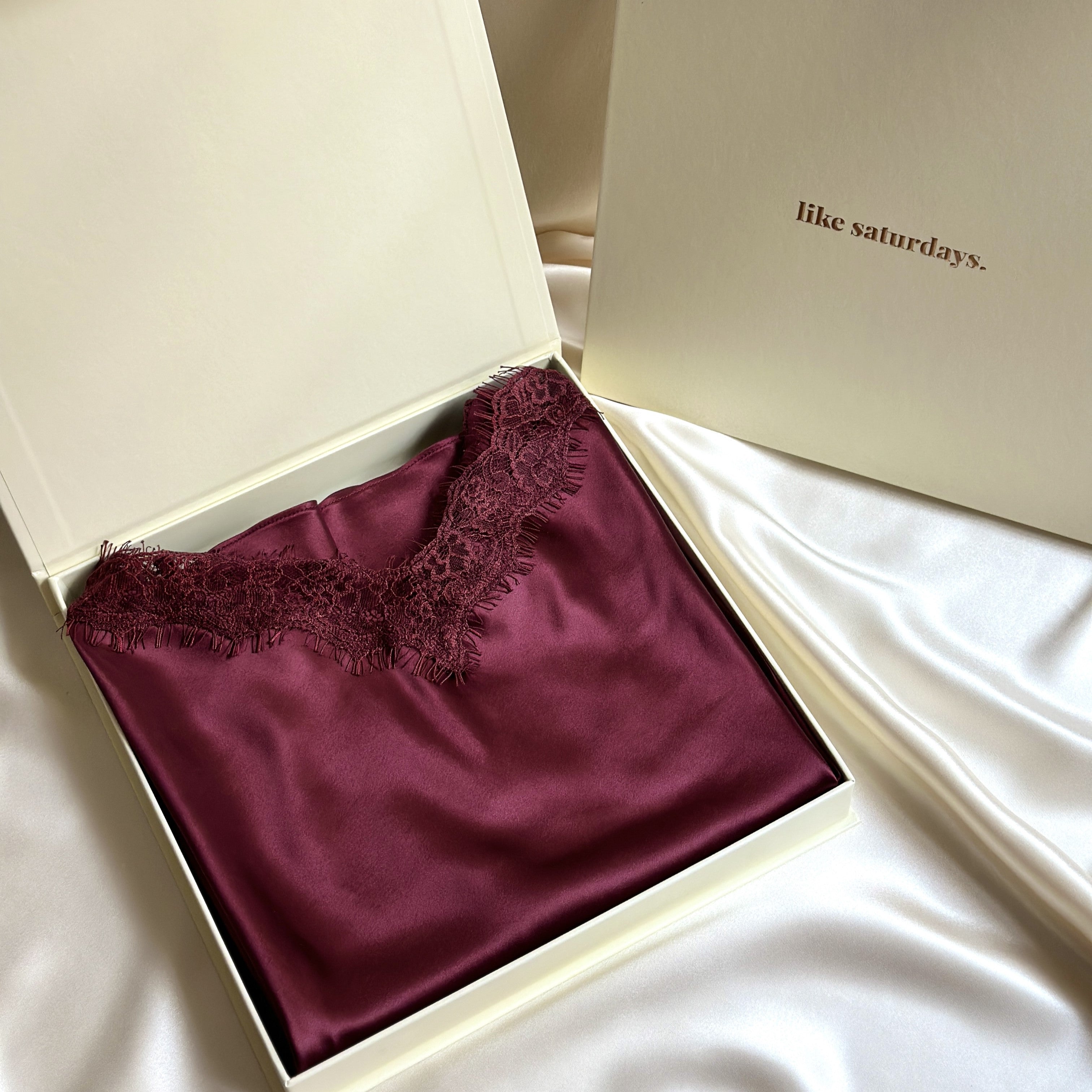 Like Saturdays Silk Lace Camisole Shorts Set Wine Red in Gift Box