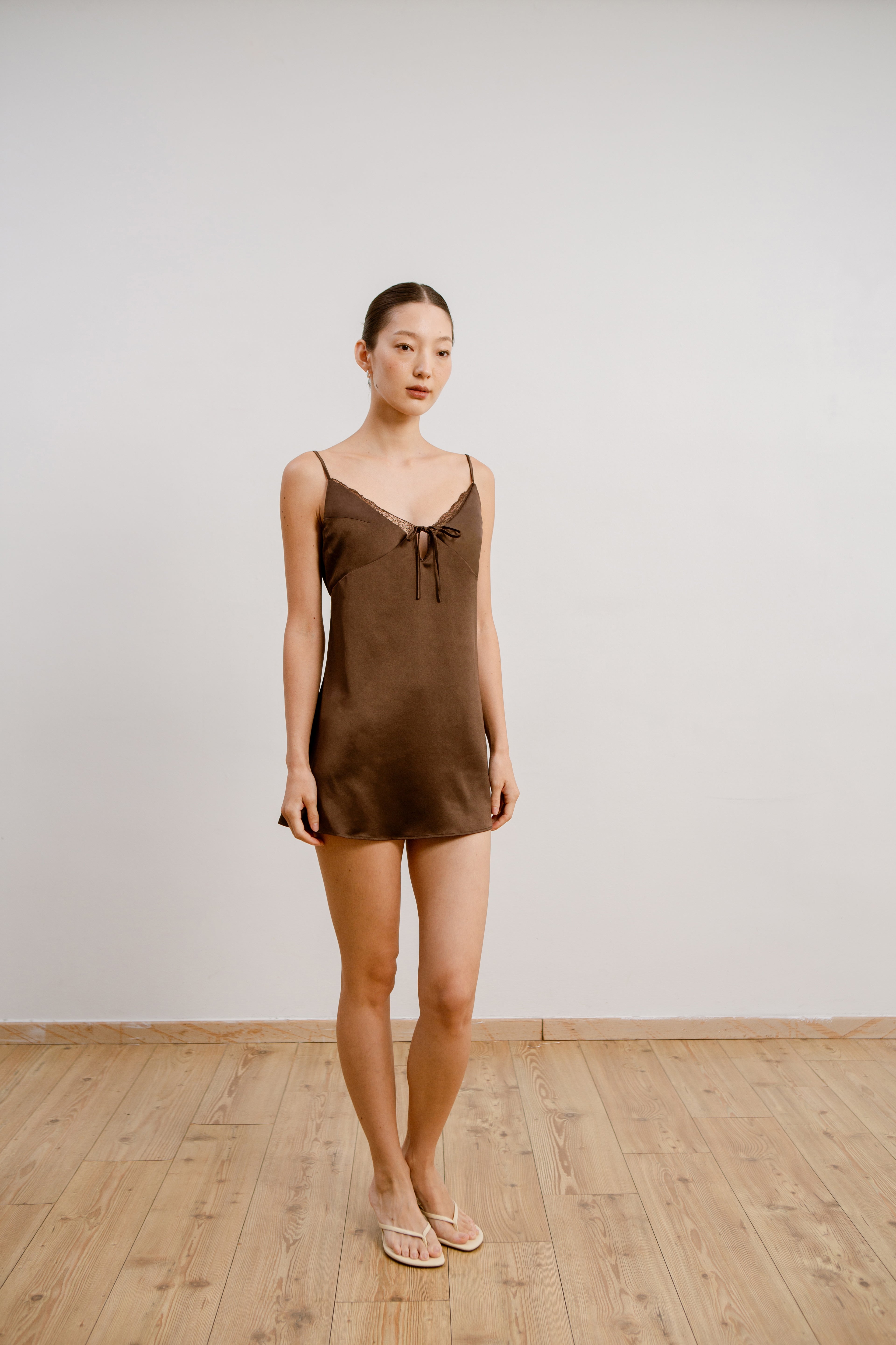Silk Lace Mini Slip Dress - Cocoa