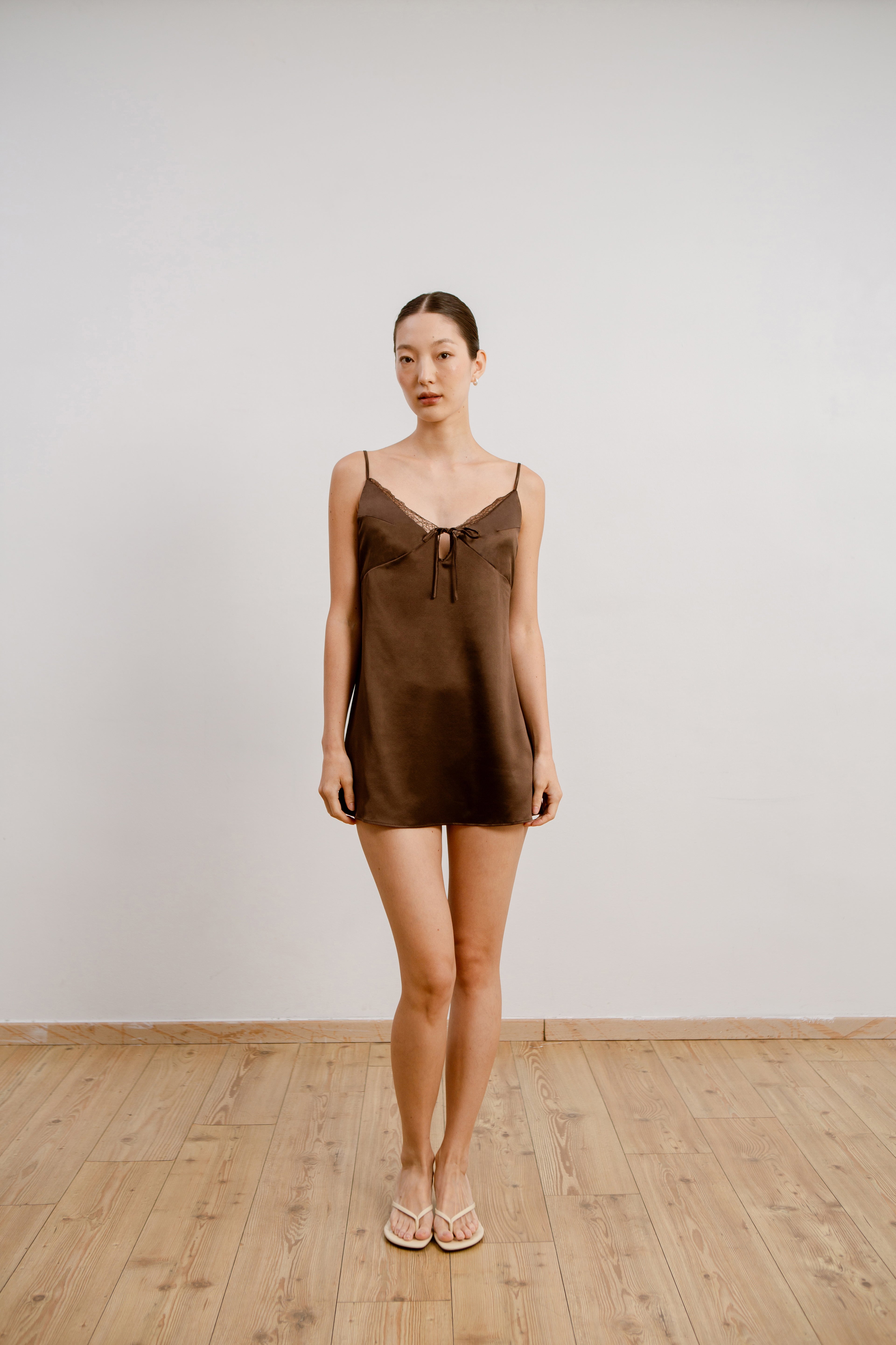 Silk Lace Mini Slip Dress - Cocoa