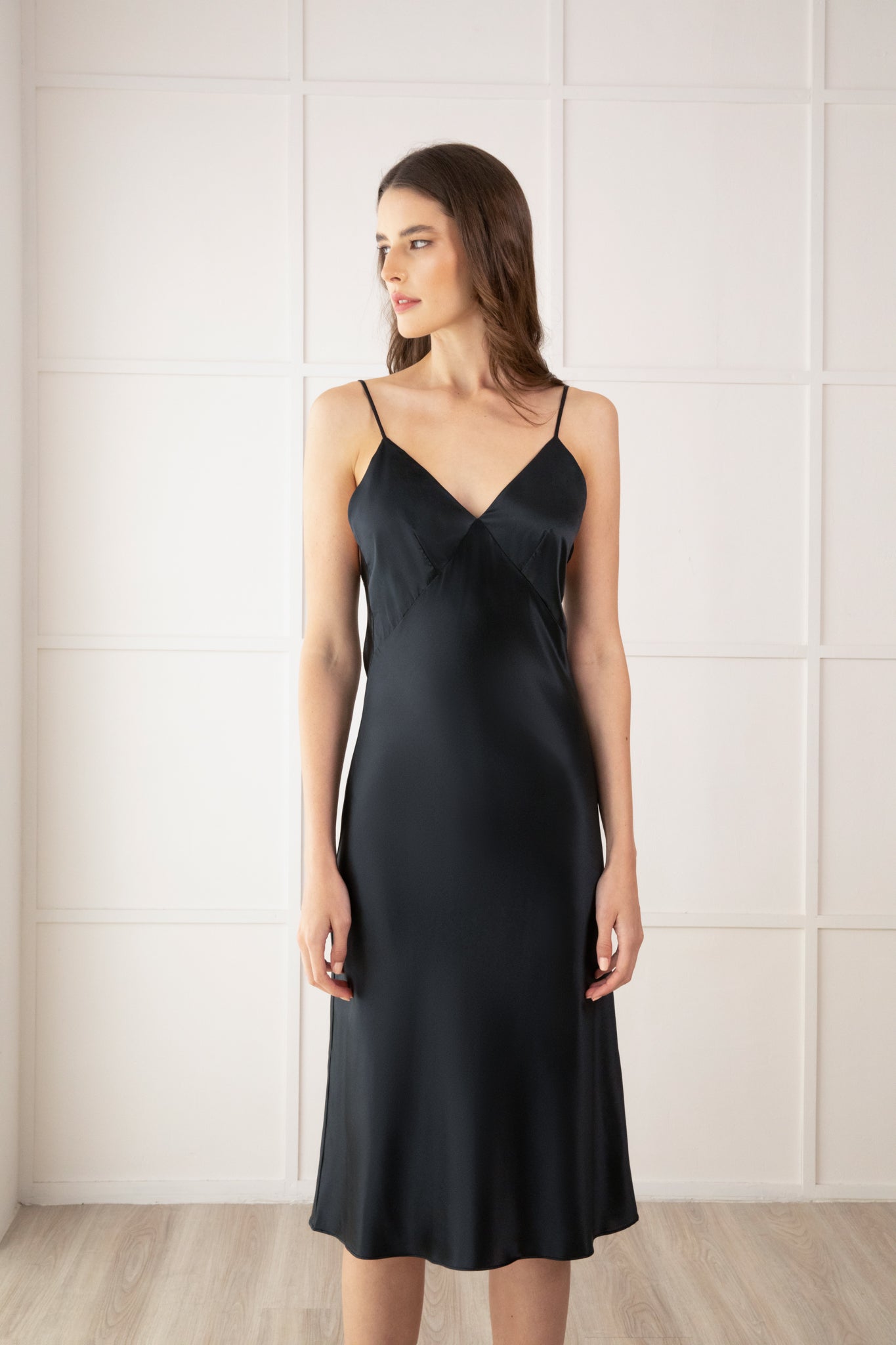 Silk V-Neck Midi Slip Dress - Black
