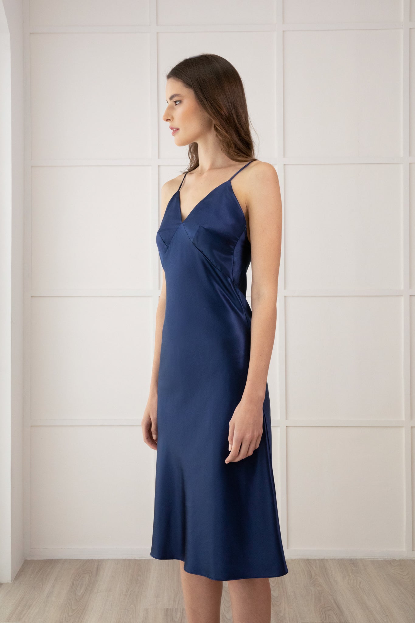 Silk V-Neck Midi Slip Dress - Navy
