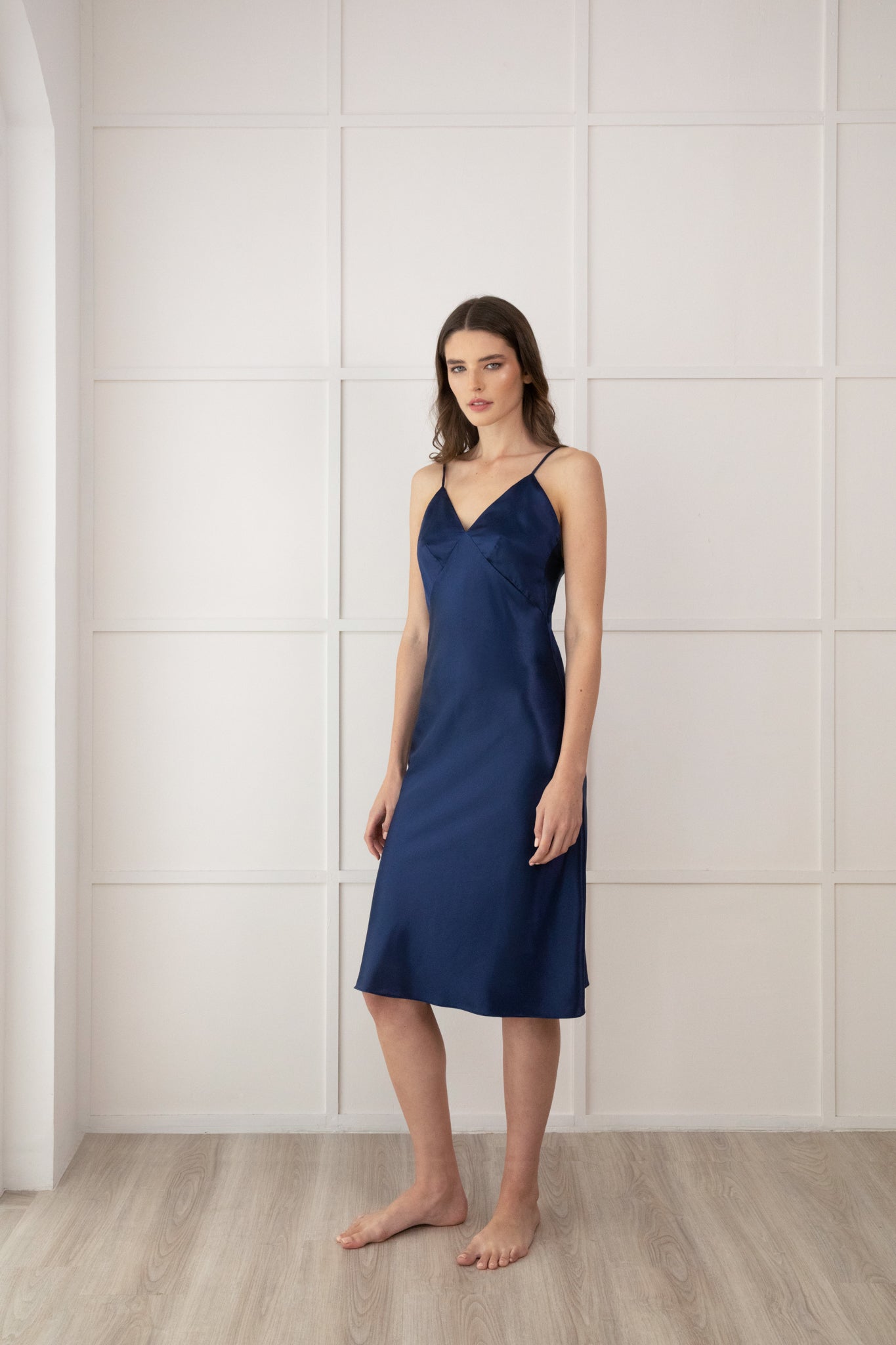 Silk V-Neck Midi Slip Dress - Navy