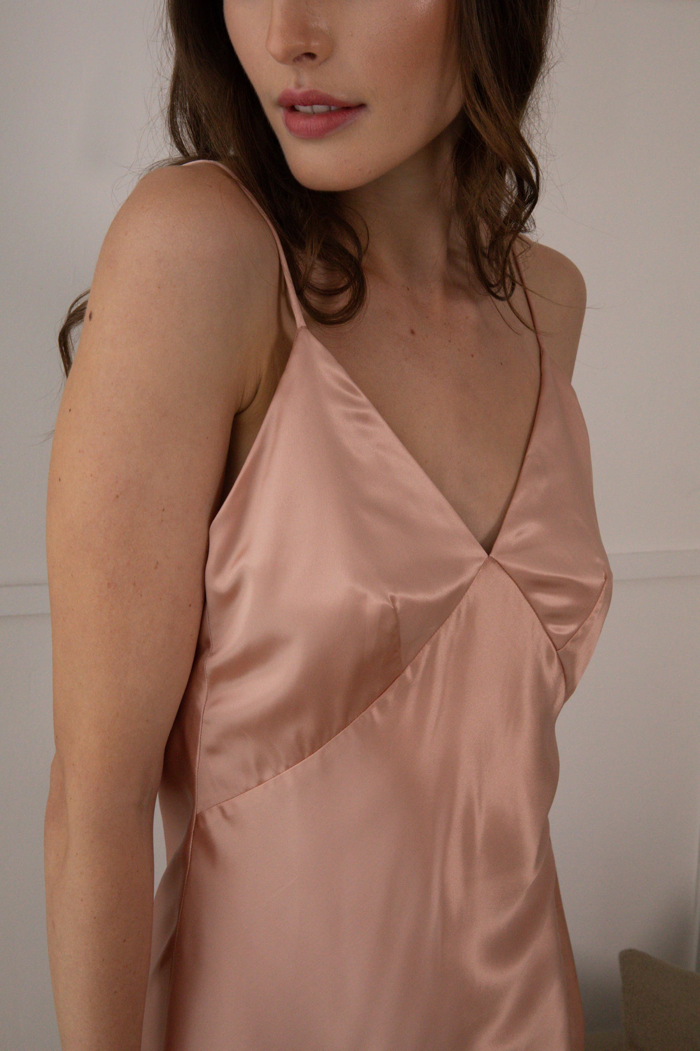 Silk V-Neck Midi Slip Dress - Rose Gold